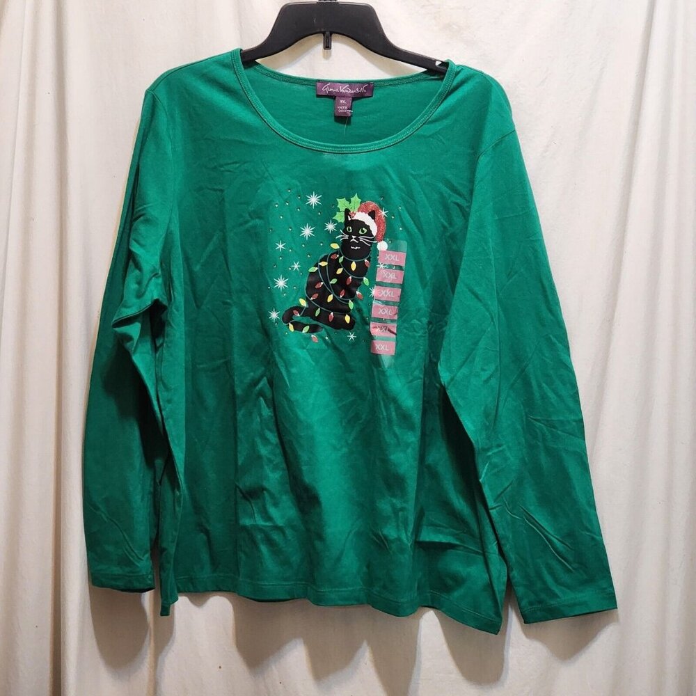 Gloria Vanderbilt Green Christmas Top Black Cat Lights Stars Holiday XXL New